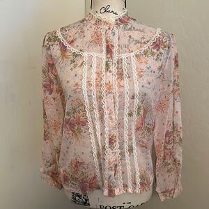 Vintage Floral Sheer Button Closure Top Cottage Core Boho Prairie Feminine